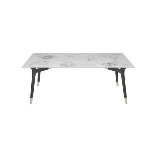 Fornasetti Rectangular table Oggetti sparsi frosted glass - base with brushed steel details - Milk Concept Boutique