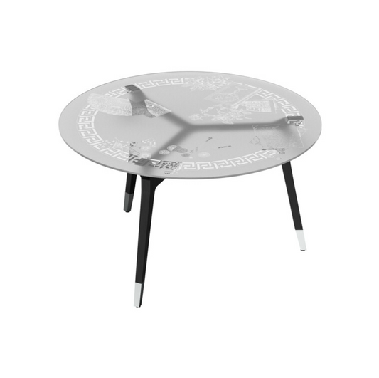 Fornasetti Round table Oggetti sparsi con greca / frosted glass - base with brushed steel details - Milk Concept Boutique