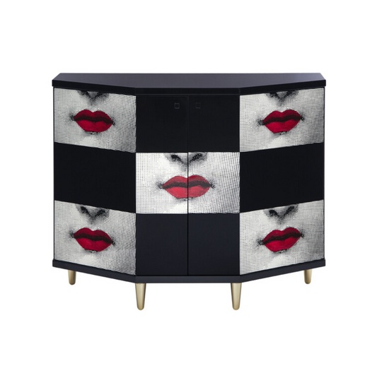 Fornasetti Small cabinet polyhedric Kiss  white/black/red - brass stand - Milk Concept Boutique