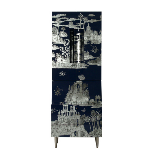 Fornasetti Trumeau Grand Coromandel silver/blue - chromed feet - Milk Concept Boutique