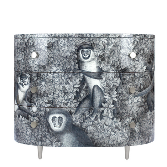 Fornasetti Curved chest of drawers Scimmie grey shades - chromed details - Milk Concept Boutique