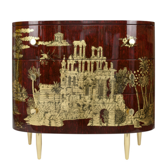 Fornasetti Curved chest of drawers Grand Coromandel gold / dripped bordeaux - Milk Concept Boutique