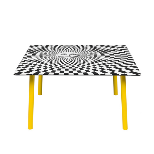 Fornasetti Table 80x80cm Solecentrismo white/black - base h40 yellow - Milk Concept Boutique