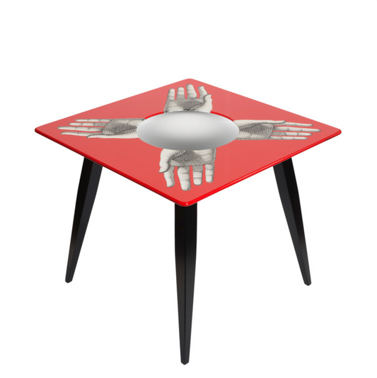 Fornasetti Table Magic Mani on red - ∅60 - base h 46 - Milk Concept Boutique