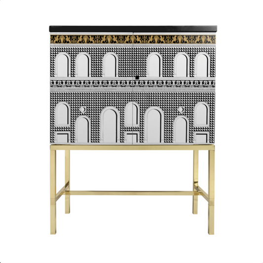 Fornasetti Raised small sideboard Facciata Quattrocentesca Black, Yellow & White - Brass or Black Base - Milk Concept Boutique