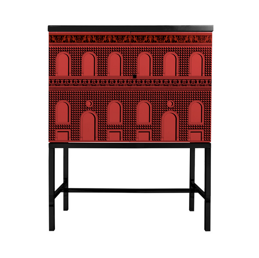 Fornasetti Raised small sideboard Facciata Quattrocentesca Black&Red - Iron Base - Milk Concept Boutique