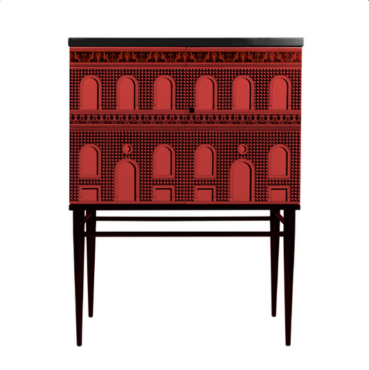 Fornasetti Raised small sideboard Facciata Quattrocentesca Black&Red - Wooden Base - Milk Concept Boutique